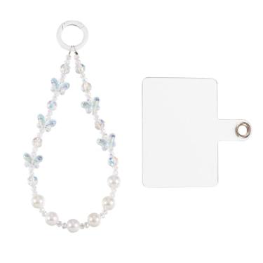 Imagem de Pulseira feminina com contas e berloques de borboleta, antiqueda, com folha de plástico, pingentes de telefone destacáveis estéticos para todos os smartphones, decoração de chaveiros, bolsa, branco