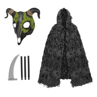 Imagem de Fantasia de Ceifador de Halloween Capa de Terror com Capuz para Homens Conjunto de Manto com Gancho Assustador com Máscara de Caveira Halloween Cosplay Adereços Preto