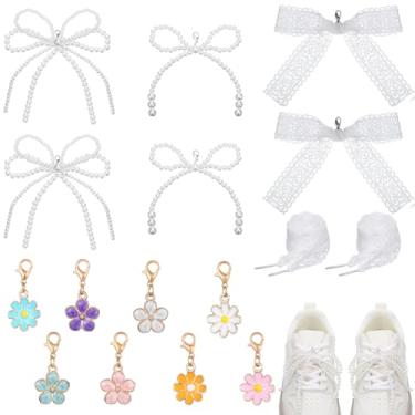 Imagem de ElevateTech 16 peças pérolas laço laço pingente de sapato decoração de sapatos pingentes para decoração de tênis, laço, fivela, pérola, contas, corrente faça você mesmo, casual, pérola, sapatos