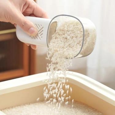 Imagem de 1 colher de arroz multifuncional de controle de quantidade com copo medidor de escala, farinha de grãos, colher doméstica, ferramenta de cozinha, branca