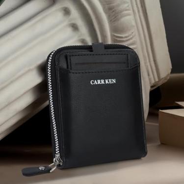 Imagem de Carteiras masculinas com porta-crachá removível, carteira masculina fina de grande capacidade com zíper, vários compartimentos e bolso para moedas, Preto, Simples