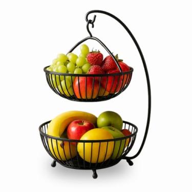 Imagem de Fruteira de Ferro Forjado 2 Andares Preta – Ideal para Cozinha, Decoração de Mesa e Armazenamento de Frutas