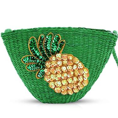 Imagem de QTKJ Bolsa de praia, bolsas transversais para mulheres, bolsa artesanal de palha, mini bolsa de ombro, bordado de lantejoulas de abacaxi, bolsas de designer para férias e viagens de trabalho (verde),