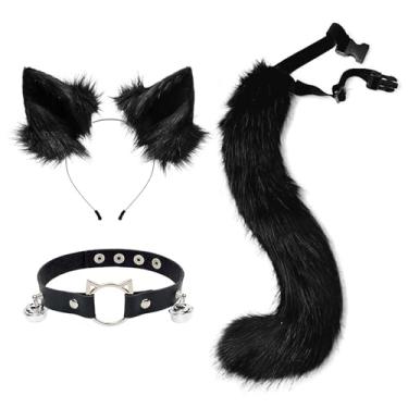 Imagem de hbbhml Furry Animal Cat Fox Tail Faux Fur Wolf Ear Headband Leather Neck Chocker Costume Set for Party Halloween Cosplay
