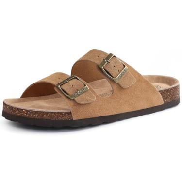 Imagem de ODOLY Sandália antiderrapante unissex com palmilha de cortiça, suporte de arco, sandálias de verão ao ar livre com fivela ajustável para mulheres e homens, Camurça marrom amarela, 11 Women/9.5 Men