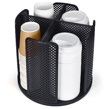 Imagem de EOFJRUC Organizador de copo e tampa, dispensador de copo de café rotativo de 360° para copos descartáveis de plástico e papel de 5 a 473 g, 4 compartimentos destacável para copo de bancada, preto