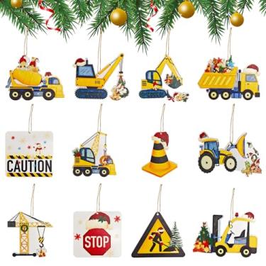 Imagem de 24 peças de enfeites de construção de Natal, caminhão, escavadeira, enfeite de Natal, decorações de escavadeira, enfeites de Natal de madeira, artesanato decorativo para pendurar para decoração de