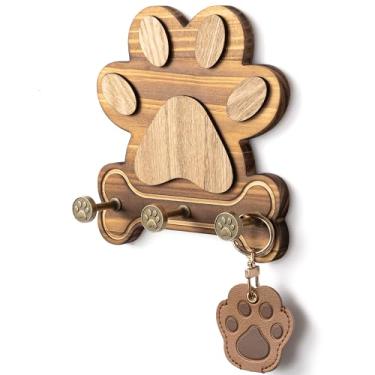 Imagem de MTERSE Suporte de coleira de madeira de pinheiro para parede – Ganchos fofos para cabide de coleira de cachorro e porta-chaves para entrada ou sala de estar – decoração de parede rústica de casa de