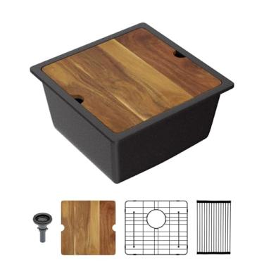 Imagem de Lordear Pia de cozinha composta de granito preto de 45,7 cm x 45,7 cm, pias de quartzo preto fosco embaixo do balcão, pia de tigela única com acessórios pretos