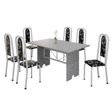 Imagem de Conjunto De Mesa Tubular 6 Cadeiras 140x75cm Mart Perola Com Tampo Em Granito Ocre Letícia 070 - Tudo De Móveis Preto Floral
