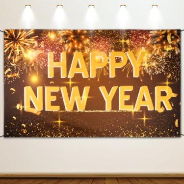 Imagem de Banner de Feliz Ano Novo, 180 x 110 cm Extra Grande Fundo Feliz Ano Novo Sinal de Férias de Inverno Fundo Dourado Véspera de Ano Novo Suprimentos de Festa Decoração Adereços de Foto