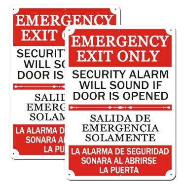 Imagem de Pacote com 2 placas bilíngües de saída de emergência, alarme de segurança soará se a porta for aberta, placa de alumínio livre de ferrugem de 25 x 17 cm, resistente a UV, arranhões, à prova d'água e à