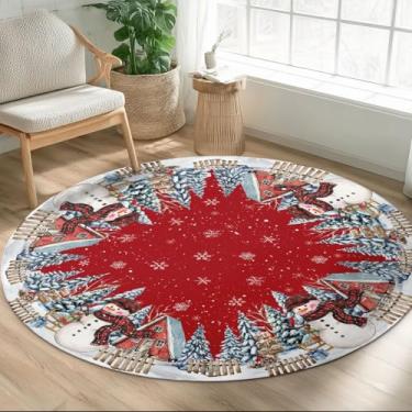 Imagem de Tapete redondo de árvore de Natal de 1,2 m, lavável vermelho para inverno, árvore de Natal, boneco de neve, redondo, antiderrapante, floco de neve, tapete de pelo baixo, tapete para sala de estar