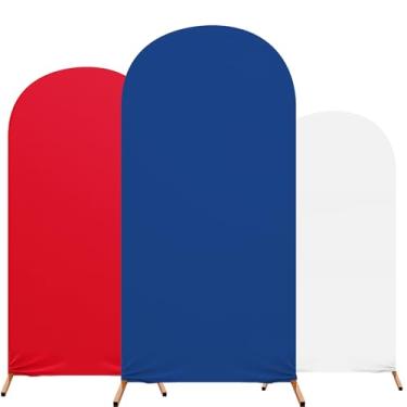 Imagem de Tingjoo Decoração de festa de aniversário, conjunto de 3 capas de arco com estampa temática de elastano para festa de aniversário, 1,2 m, 1,5 m, 1,8 m (vermelho, branco, azul)