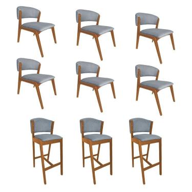 Imagem de Kit 6 Cadeiras Kethellen Premium Com 3 Banquetas Ana Em Madeira Maciça Cerejeira Linho Cinza