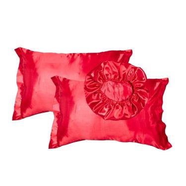 Imagem de Kit Cetim Seda Luxo 2 Fronhas 1 Touca Antifrizz - Magic Enxovais Vermelho