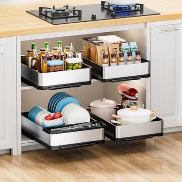 Imagem de Ewaiira Organizador de armário removível, escorredor de pratos deslizante de aço inoxidável com drenagem, armazenamento de gaveta deslizante, prateleiras de despensa estreitas para armários de cozinha