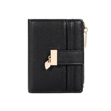 Imagem de Carteira pequena feminina de couro macio dobrável com zíper para identidade, bolso para moedas, carteira feminina, Preto, Small, Carteiras pequenas de couro dobrável