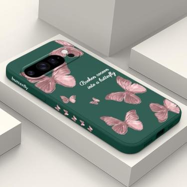 Imagem de LEECG Capa para Google Pixel 10 Pro XL, design de flor de silicone líquido fino para Pixel 10 Pro XL 6,8 polegadas, verde borboleta