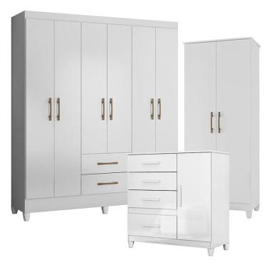 Imagem de Guarda Roupa Casal Panamá com Cômoda Vênus com pés e Armário Multiuso Jade Branco Brilho- Moval