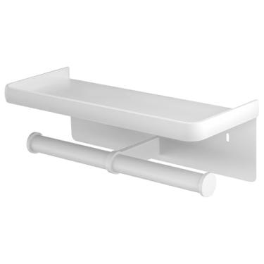 Imagem de Suporte de papel higiênico para banheiro com design de rolo duplo e prateleira de 260 mm, estrutura de metal, montagem na parede, luminária branca, adesivo ou instalação de parafuso