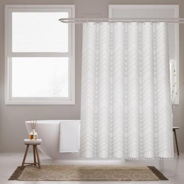 Imagem de Inhousolu Cortina de chuveiro de tecido boêmio, borla listrada chevron texturizada tufada, pano minimalista de casa de fazenda moderna, cortina de banho lavável repelente à água para banheiro hotel 91