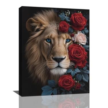 Imagem de Crekviy Leão arte de parede imagens de leão decoração de parede rosa vermelha impressões em tela pintura decoração de arte para escritório banheiro quarto sala de estar presentes emoldurados 30,5 x