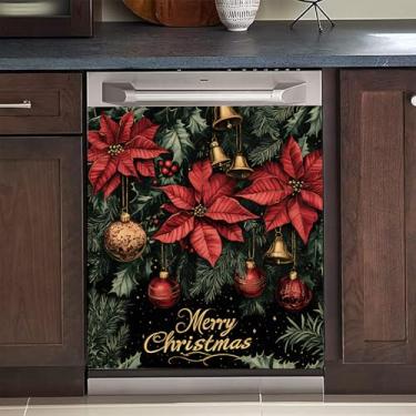 Imagem de BVBOX Capa magnética de Natal para lava-louças 58 cm x 66 cm, capas magnéticas reutilizáveis para geladeira, ímãs de lava-louças capa decorativa para porta de geladeira adesivos de painel (Poinsétia)