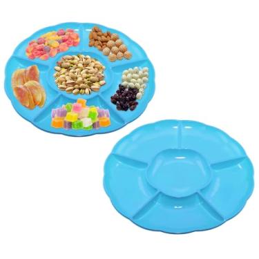 Imagem de CAOXIAOXUYAO Bandejas redondas de plástico de 30,5 cm com 2 unidades, 6 pratos secionais para servir pratos de comida para doces, nozes, vegetais, frutas, ação de graças (2, azul)