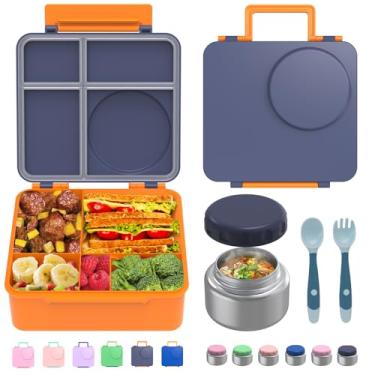 Imagem de JoyYum Bento Box para crianças – Lancheira à prova de vazamento com pote térmico térmico para alimentos – 4 compartimentos, 1 divisor removível, 1 colher, 1 garfo – pode ser lavado na lava-louças