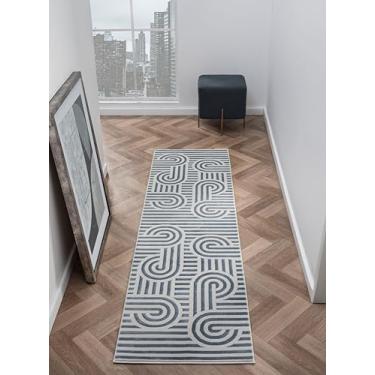 Imagem de RUGGERRUGS Annabel Tapete geométrico moderno para cozinha, corredor azul arqueado e linear contemporâneo, 6 x 18 cm, tapete resistente a manchas de pelo alto-baixo para quarto, corredor ou entrada (5