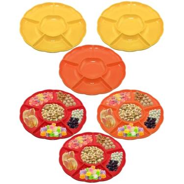 Imagem de CAOXIAOXUYAO Bandejas redondas de plástico de 30,5 cm com 6 compartimentos, 6 pratos secionais para servir pratos de comida para doces, nozes, vegetais, frutas, ação de graças (6, vermelho, amarelo