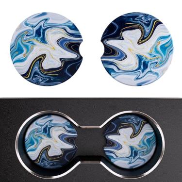 Imagem de Leadiy Pacote com 2 porta-copos de carro, suportes de copo de 6,6 cm, acessórios de carro com impressão de mármore, porta-copos de pedra cerâmica e base de cortiça sem arranhões