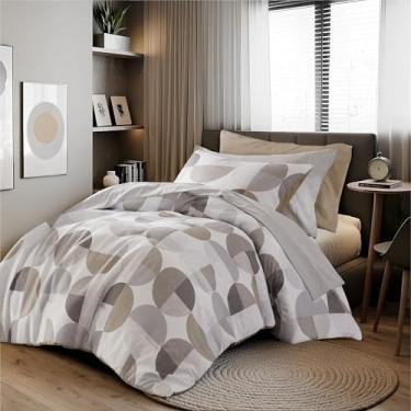 Imagem de Regency Heights Jogo de cama com 6 peças, estampa em três tons, edredom e lençol de microfibra ultramacia, quente e aconchegante para todas as estações, bege e cinza