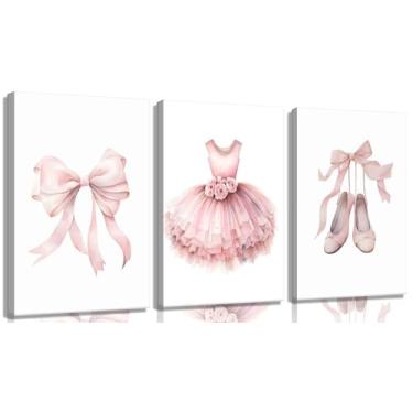 Imagem de 3 peças de arte de parede em tela de balé rosa infantil meninas bebê bailarina decoração fotos arco dança saia sapatos crianças pôster impressões para estúdio de dança quarto de bebê decoração de