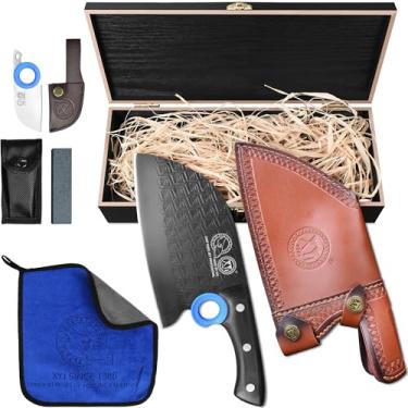 Imagem de XYJ Cutelo de carne de 20 cm com bainha de couro, caixa de madeira, aço de alto carbono, espiga completa, faca de chef sérvia, facas de corte de vegetais para acampamento ao ar livre, cabo de madeira