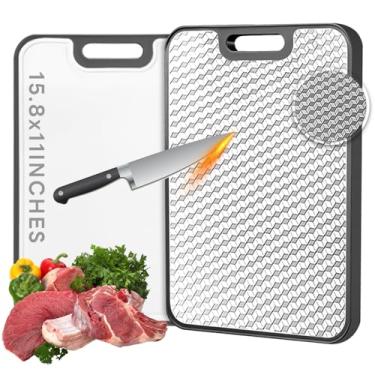 Imagem de Tábuas de corte de aço inoxidável, tábua de corte dupla face para cozinha, palha de trigo e tábua de corte de aço para carne e vegetais, design de malha resistente a arranhões, pode ser lavado na