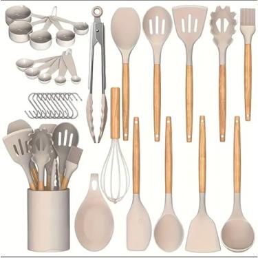 Imagem de Feuora Conjunto de utensílios de cozinha de silicone, 33 peças – resistente ao calor de 230 °C, antiaderente, livre de BPA, cabos de madeira, espátula, espátula, pinça, colher, pincel, batedor