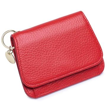 Imagem de FREYAMIRA Carteira fina feminina de couro legítimo com bloqueio de RFID, porta-chaves com zíper, bolso para moedas, janela para identidade, Vermelho, Moderno
