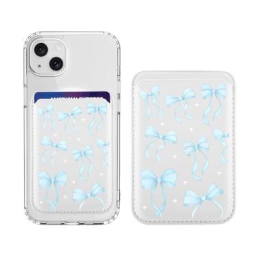 Imagem de BlHMCASE Carteira magnética compatível com MagSafe para iPhone 17/16/15/14/13/12 séries, lindo laço de fita azul Kawaii, couro branco para porta-cartões Magsafe para mulheres adolescentes e meninas