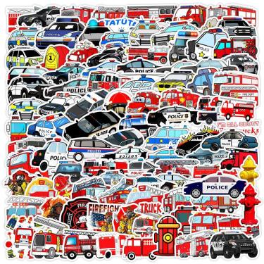 Imagem de Pacote de adesivos Cartoon, caminhão de bombeiros e carro de polícia, 100 unidades