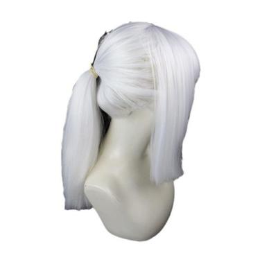 Imagem de Peruca de cosplay branca curta com rabo de cavalo sintético de 35 cm r