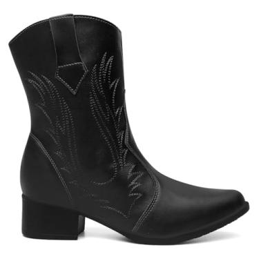 Imagem de Bota Feminino Cano Médio Texana Vicerinne Bordada Preto Country Vaqueira Boiadeira Western Rodeio Sertaneja Bico Fino Salto (37, BR, Adulto, Numérico, 37)