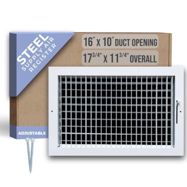 Imagem de Serve para grade de suprimento de ar ajustável de aço com abertura de duto de 16 x 10 da Handua | Registrar grade de cobertura de ventilação para parede lateral e teto | Branco | Dimensões externas
