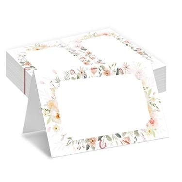 Imagem de Cartões de lugar florais, cartões de assento para mesa, pacote com 25 cartões semidobrados, suprimentos de lembrancinhas de festa de flores silvestres, cartões de nome para festa de aniversário, chá