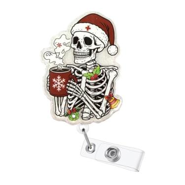 Imagem de Carretel de crachá de crânio de café de Natal com clipe de crachá de enfermagem retrátil e 24 cordão de nylon durável engraçado suporte de crachá de Natal para RN CNA LPN trabalhador médico professor