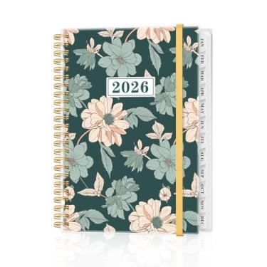 Imagem de Agenda 2026 - Agenda anual de janeiro de 2026 a dezembro de 2026, agendas semanais e mensais encadernadas em espiral com abas de 12 meses, bolso interno, 16 cm x 21,6 cm, flor verde