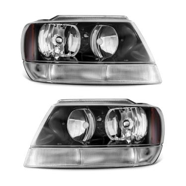 Imagem de ADCARLIGHTS Para Jeep Grand Cherokee 1999-2004 farol preto compatível com Grand Cherokee 1999-2004 alojamento preto refletor âmbar lado do motorista e substituição do lado do passageiro (lâmpada não
