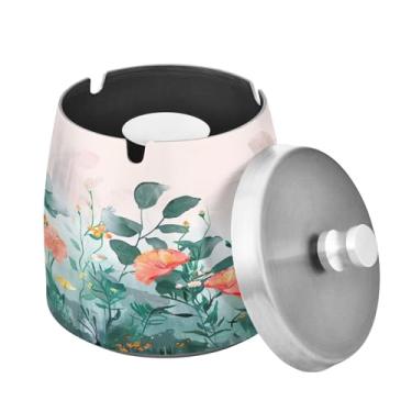 Imagem de Blueangle Cinzeiro de flores em aquarela com tampa para cigarros, à prova de vento/chuva, aço inoxidável, sem fumaça, inodoro, cinzeiro para uso interno ou externo (317)