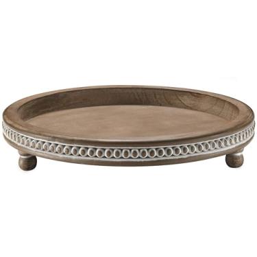 Imagem de Bandeja decorativa feita à mão de 30 cm, bandeja pequena com contas, decoração de mesa de café, bandeja de madeira redonda marrom quente para mesa de café, mesa de sala de jantar, entrada e mesa de